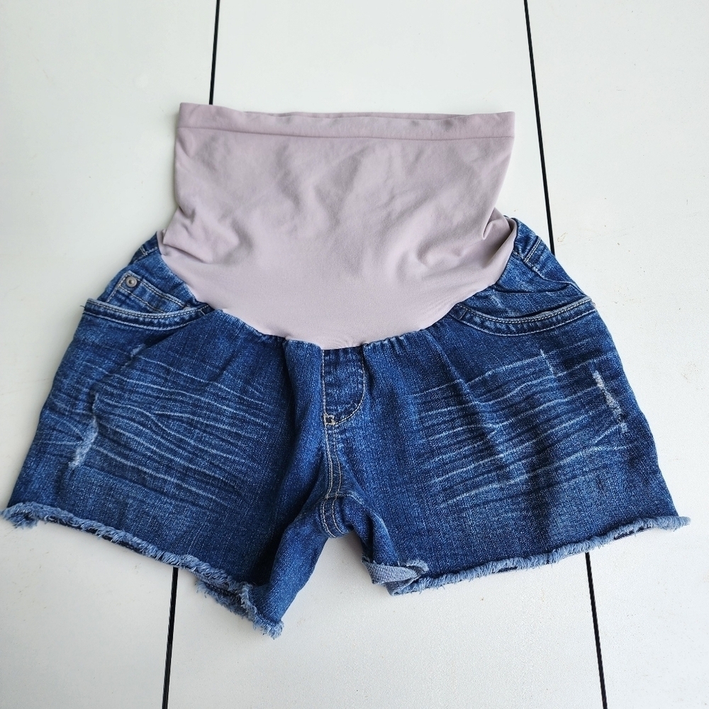 Motherhood Maternity Denim Jean Denim Shorts Cuffed Raw Hem Full Belly Panel M